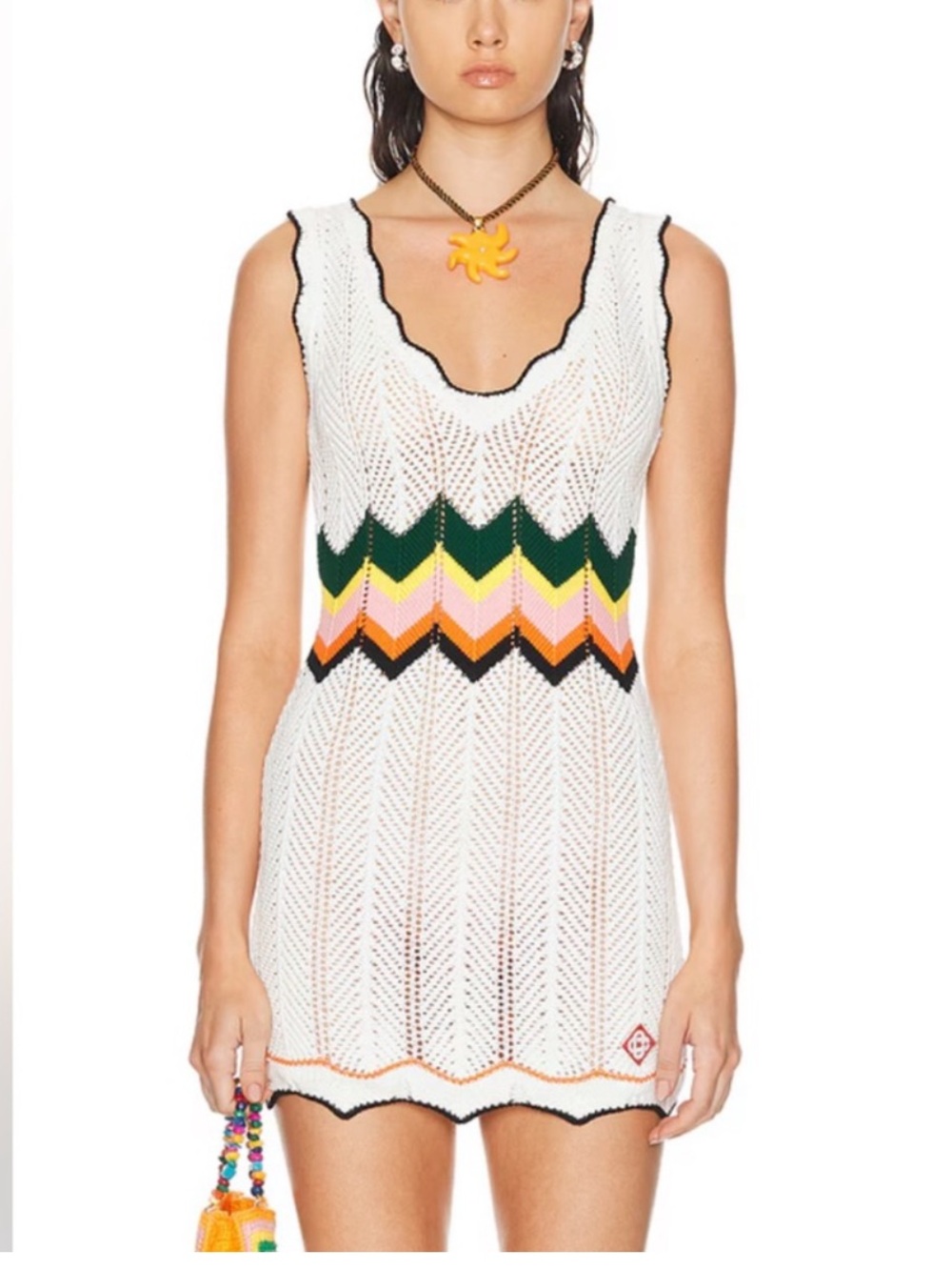 Casablanca White Crochet Mini Dress with Multicolor Chevron Waist